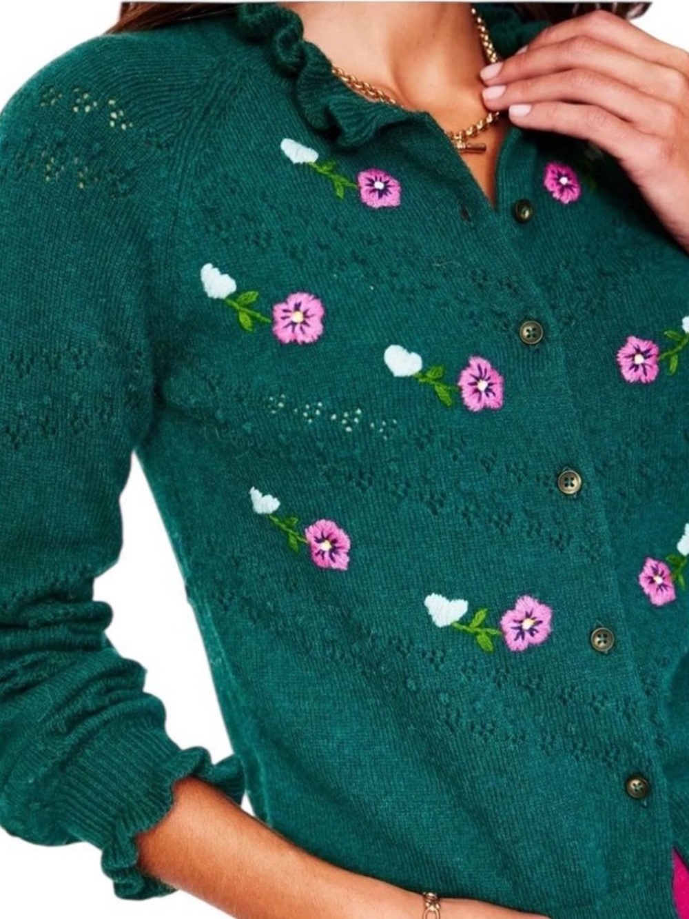 Boden New With Tags Fae Embroidered Fair Isle Cardigan Womens XL Green Pink - Picture 2 of 14